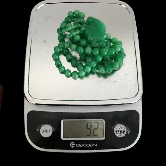 Green Jade Beaded Tassel Pendant Necklace Carved Elephant Silk Knotted 92 Gram - Picture 10 of 12